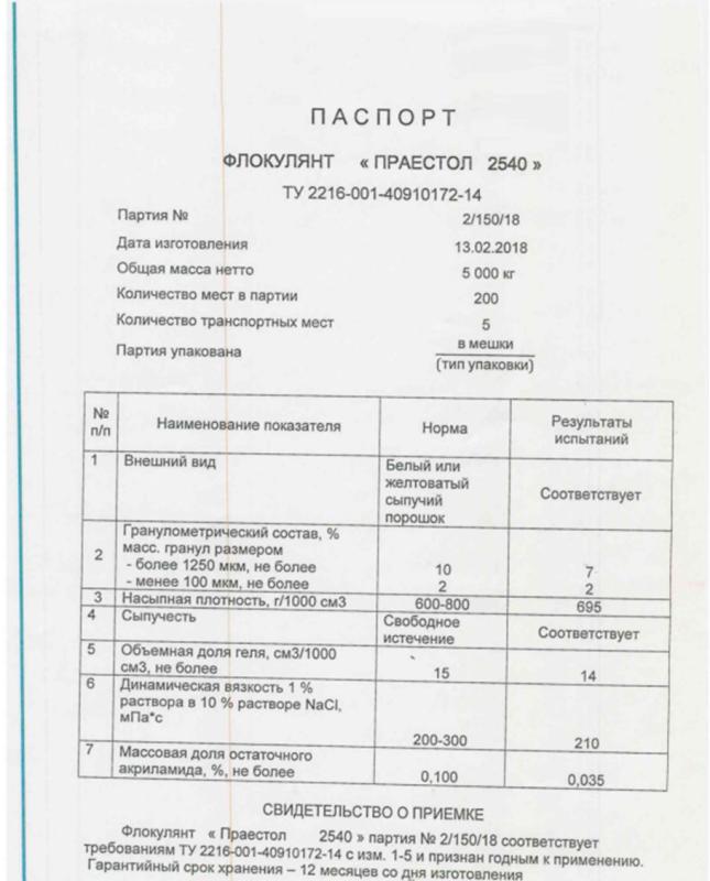 Паспорт Праестол 2540