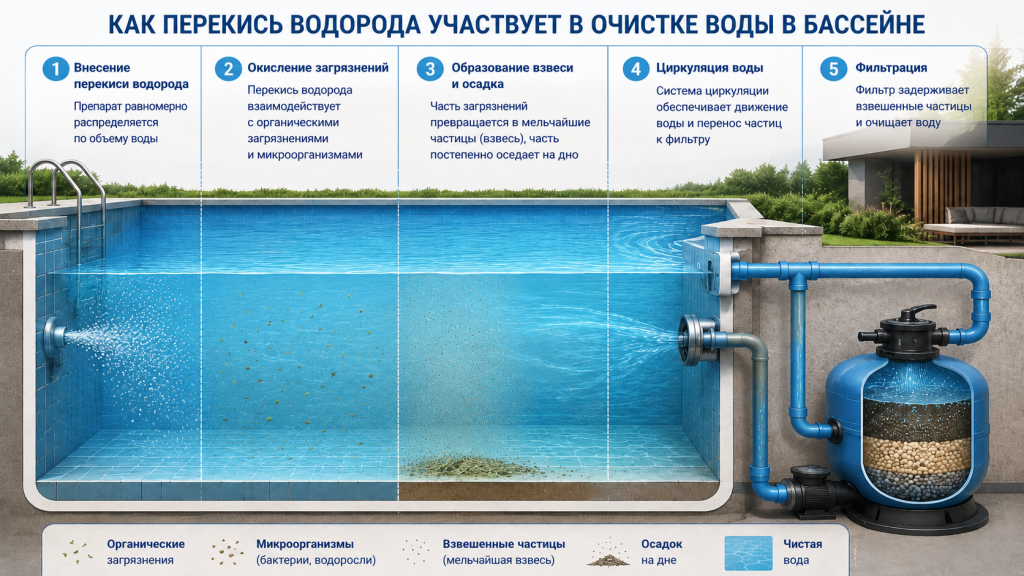 Схема очистки воды в бассейне перекисью водорода